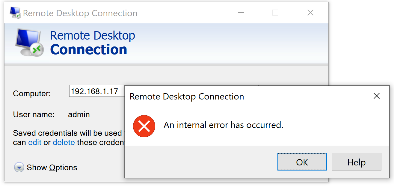 remote desktop connection an internal error has occured